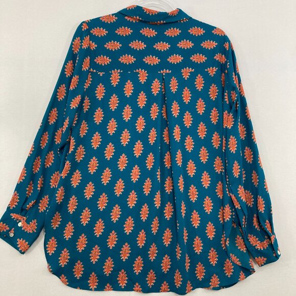 New Rose & Olive Large Blue Orange Boho Print Soft Flowy Long Sleeve Button Up - Picture 10 of 12